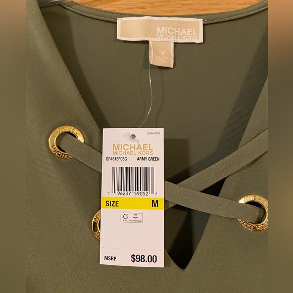 NWT MICHAEL KORS Army Green Short Sleeve Criss-Cross Flutter Sleeve Top Size M - Picture 2 of 7